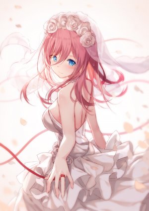 Bison仓鼠,中野三玖,五等分の花嫁,露肩,碧眼,脸红,胸部,项圈,连衣裙,长发,视线正对,横乳,花瓣,粉发,缎带,rose,笑顔,single,婚纱